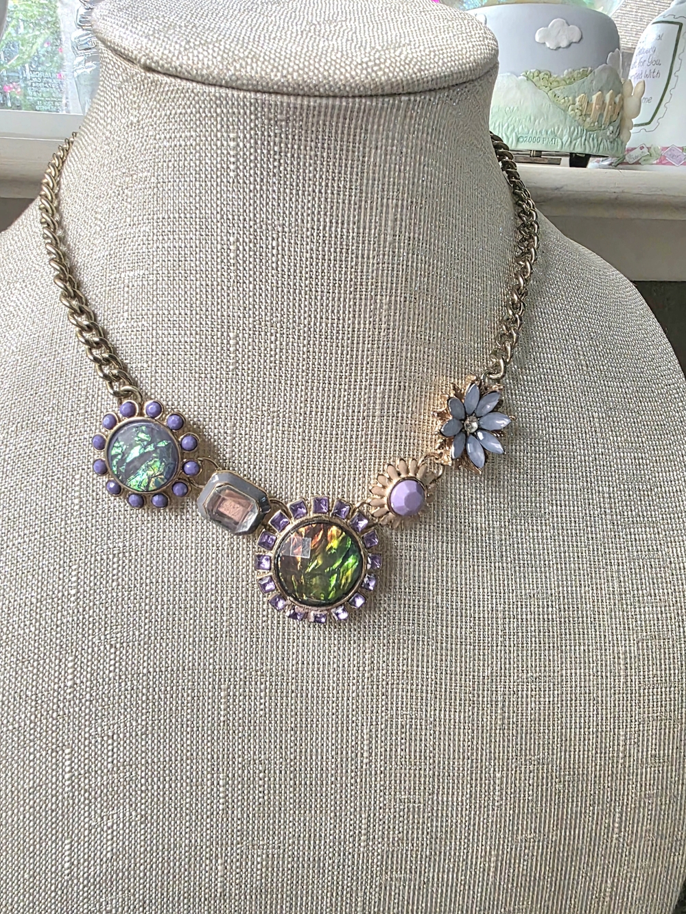 Gold-Tone Multi-Stone Purple Floral Statement Necklace